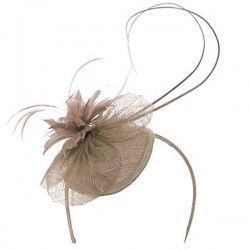 Chapeau mariage Bibi mariage fleur et plumes marron taupe