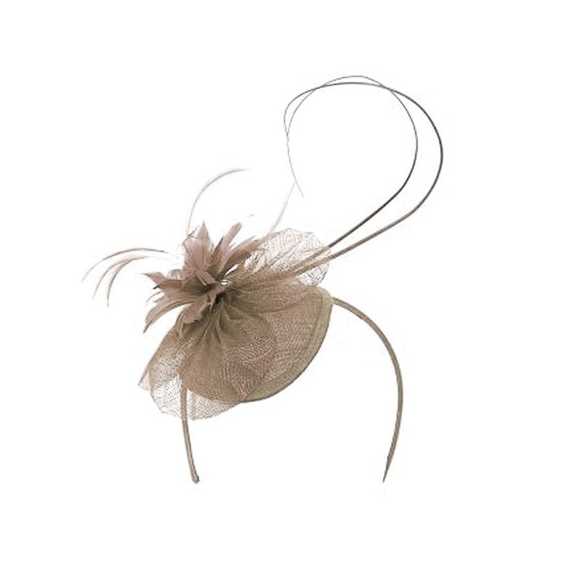 Chapeau mariage Bibi mariage fleur et plumes marron taupe