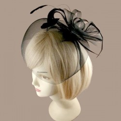 Chapeau mariage Bibi fascinateur voilette et plumes noir