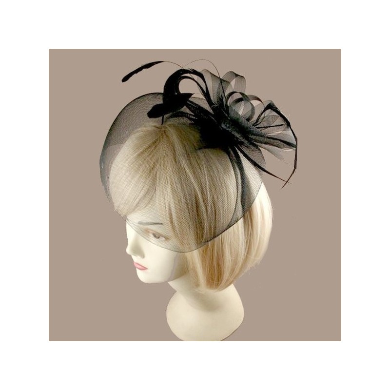 Chapeau mariage Bibi fascinateur voilette et plumes noir