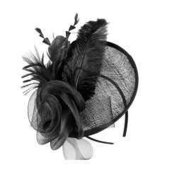 Chapeau mariage Accessoire cheveux en sisal noir et plumes