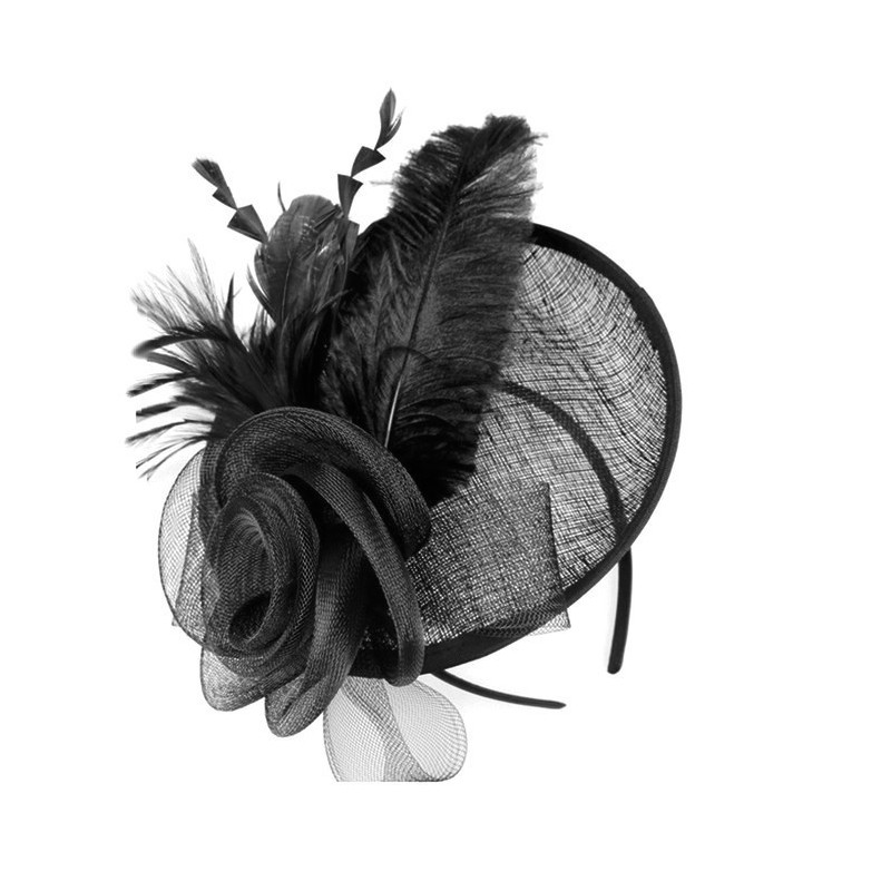 Chapeau mariage Accessoire cheveux en sisal noir et plumes