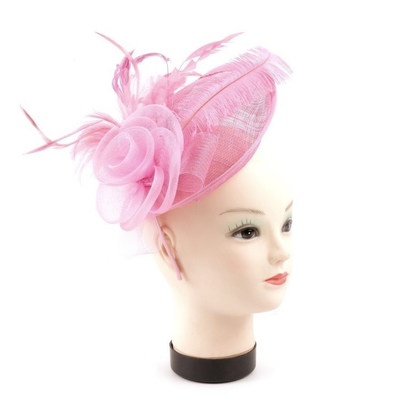 Chapeau mariage Chapeau de cérémonie fleur plumes sisal rose