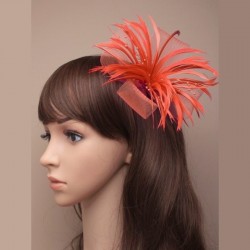 Chapeau mariage Headband ruban perles plumes rouge corail