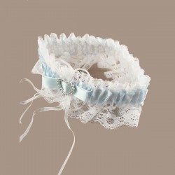 Jarretiere mariage dentelle satin bleu coeur cristal