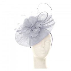 Chapeau mariage Bibi de ceremonie strass fleurs plumes gris