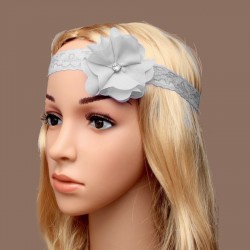 Chapeau mariage Headband stretch dentelle fleur et strass gris