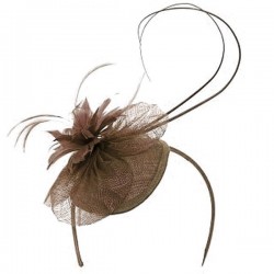 Chapeau mariage Bibi mariage fleur et plumes marron café