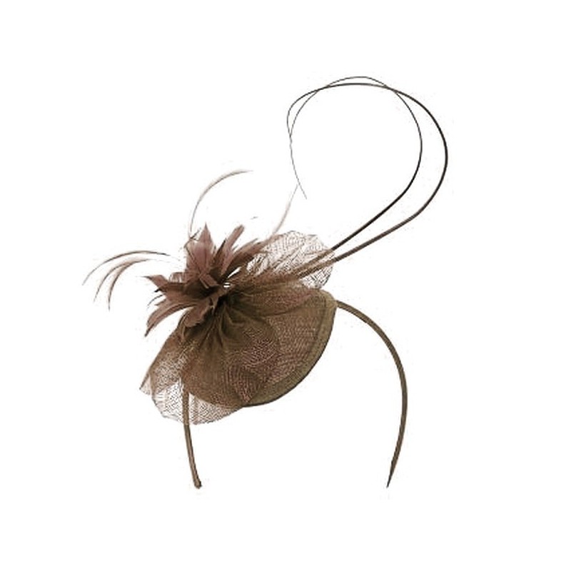 Chapeau mariage Bibi mariage fleur et plumes marron café