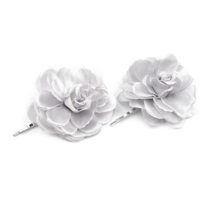 2 fleurs en tissu sur pince cheveux - Gris clair