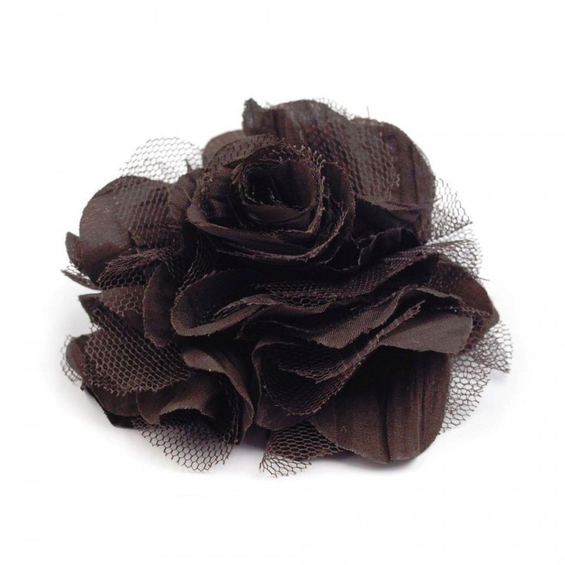 Grosse fleur broche ou accessoire cheveux marron tulle tissu