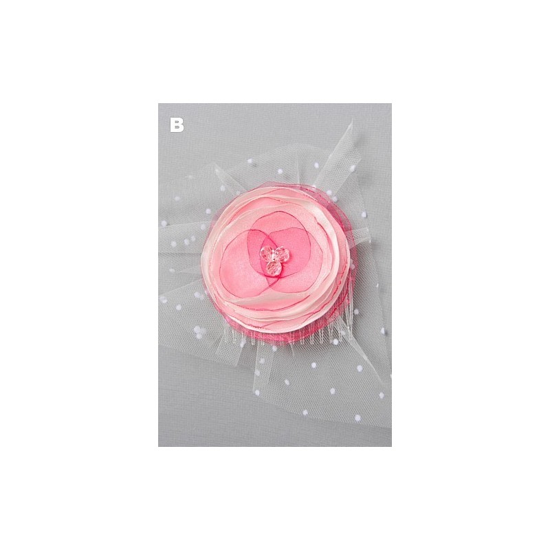 Peigne avec fleur rose  et voile plumetis
