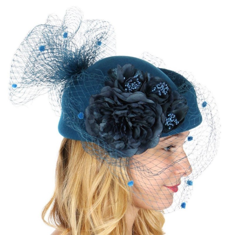 Chapeau mariage Chapeau feutre voilette et fleurs bleu