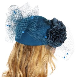 Chapeau mariage Chapeau feutre voilette et fleurs bleu