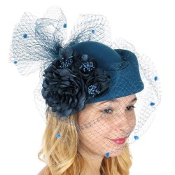 Chapeau mariage Chapeau feutre voilette et fleurs bleu