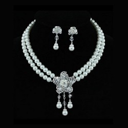 Parure de bijoux mariée double rangee perles et cristal