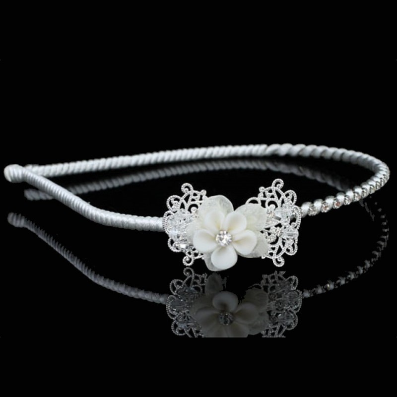 Diademe enfant fleur ceramique ivoire et cristal