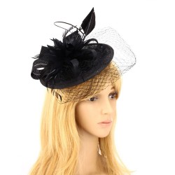 Chapeau mariage Bibi cérémonie fleur et plumes noir