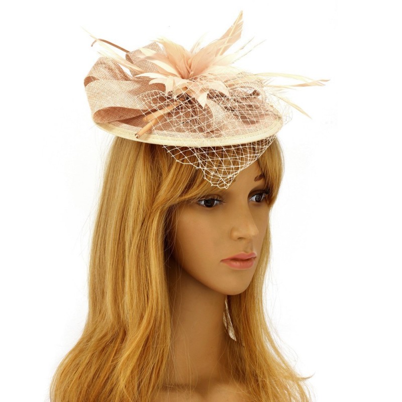 Chapeau mariage Bibi cérémonie fleur et plumes nude peche