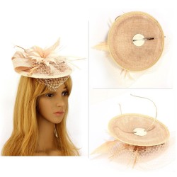 Chapeau mariage Bibi cérémonie fleur et plumes nude peche