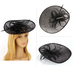 Chapeau mariage Bibi large en sisal et plumes noir