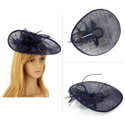 Chapeau mariage Bibi large en sisal et plumes bleu marine