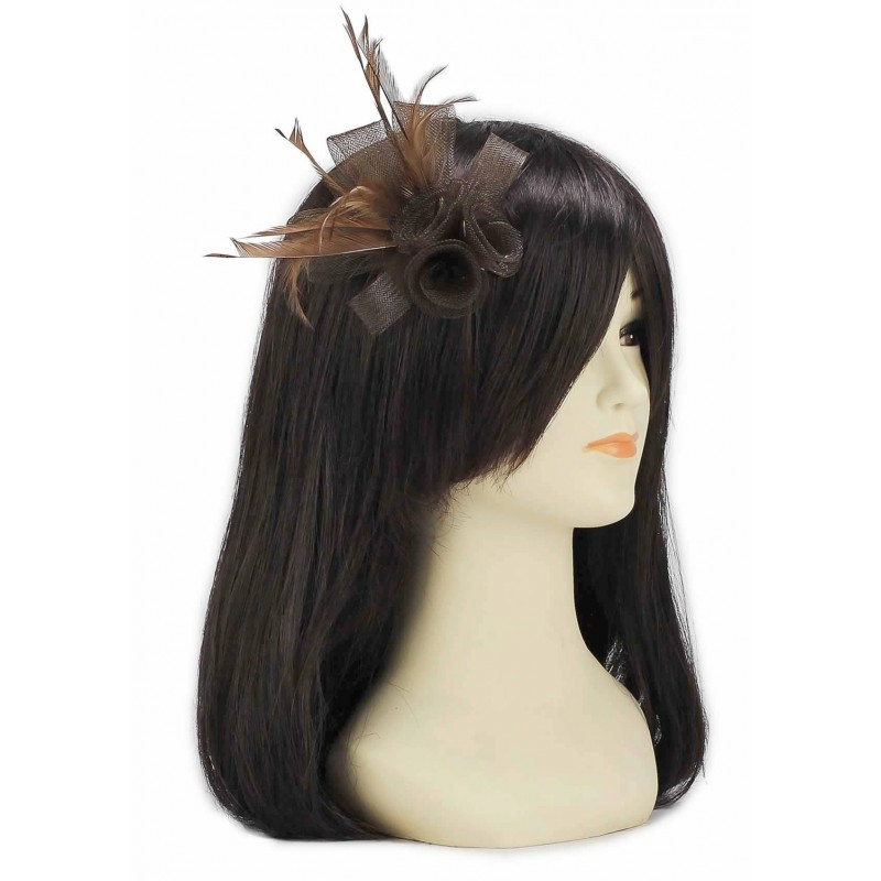 Chapeau mariage Bibi 3 fleurs tulle et plumes marron Chapeau mariage Bibi 3 fleurs tulle et plumes marron