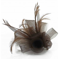 Chapeau mariage Bibi 3 fleurs tulle et plumes marron