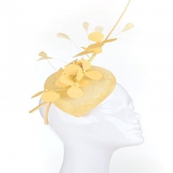 Chapeau mariage Bibi de cérémonie fleurs et plumes jaune citron