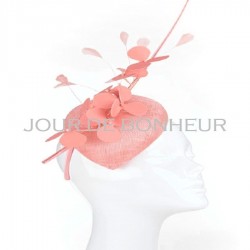 Chapeau mariage Bibi de cérémonie fleurs et plumes rose peche