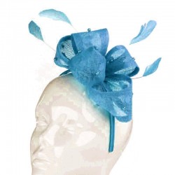 Chapeau mariage Bibi mariage noeud perles et plumes bleu