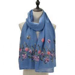 Etole légère voile bleu brodé fleurs