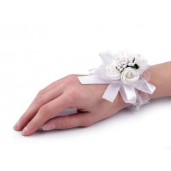 Bracelet élastiqué en satin et organza avec fleurs / blanc, ivoire / mariage champêtre, naturel, romantique