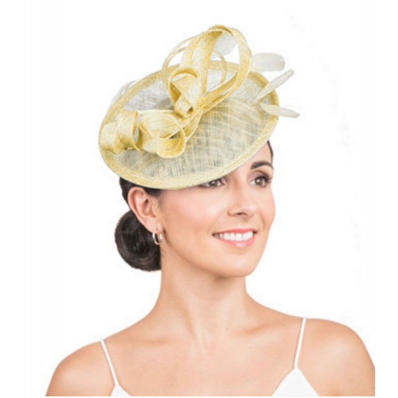 Accessoire de coiffure sisal et plumes jaune Chapeau bibi mariage ou ceremonie