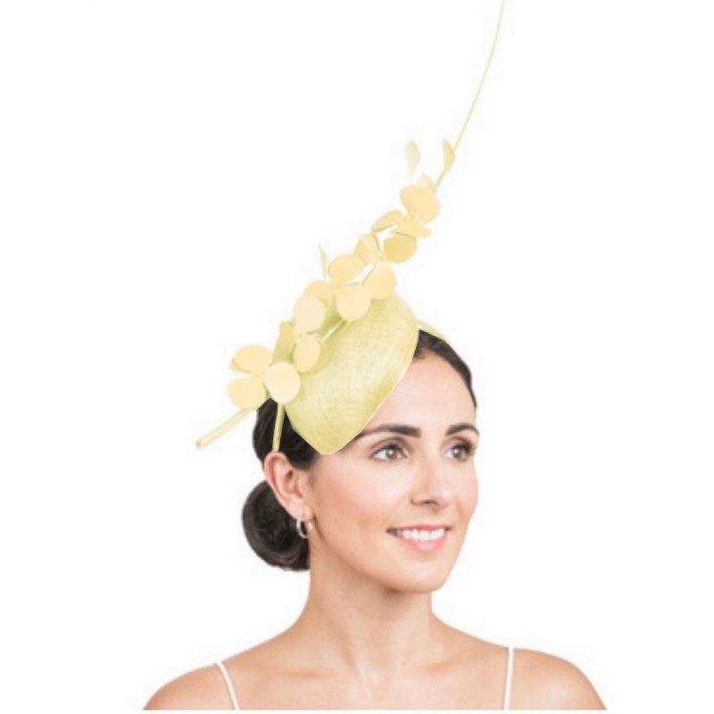 volonter trajekt gore  Bibi de cérémonie fleurs et plumes jaune citron / Chapeau de mariage,  accessoire de coiffure