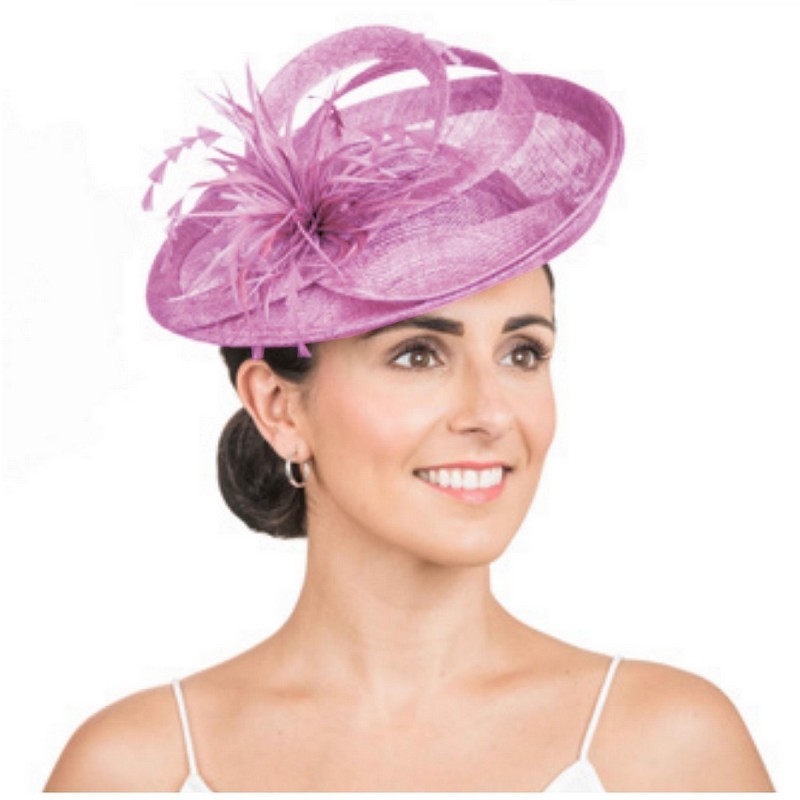 Chapeau de mariage plumes et fleur rose mauve