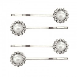 4 barrettes mariage perles cristal métal argent 