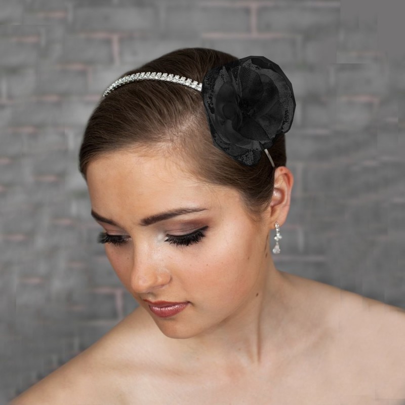 Headband mariage fleur organza noire et cristal 